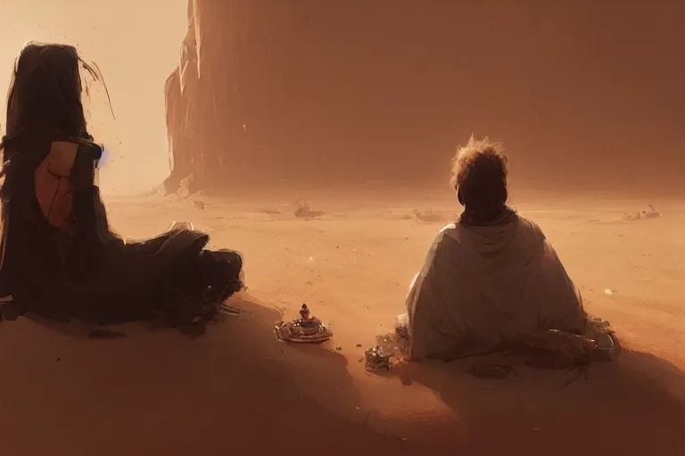 Prompt: lonely wanderer in desert, sitting on lap and praying to the gods, trending on artstation, by Greg rutkowski