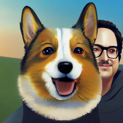 Prompt: Eric Wareheim as a hacker with a corgi, digital painting, 4k, anime key visual, artstation, kuvshinov ilya