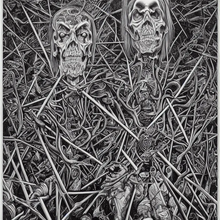 Image similar to meaning of death by Alex Grey and M. C. Escher collaboration