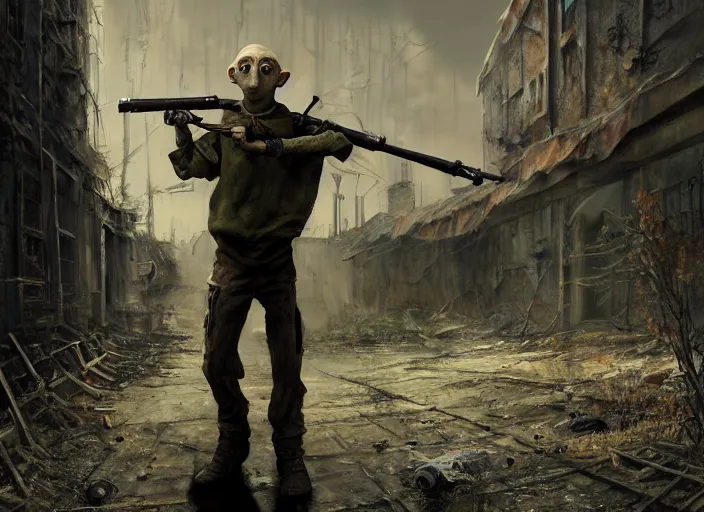 Prompt: dobby the house elf, in escape from tarkov, dressed as a scavenger, carrying a scoped hunting rifle, in the background is an abandoned warehouse, radioactive horror painting, elegant intricate digital painting artstation concept art by mark brooks and brad kunkle extreme detail 4 k