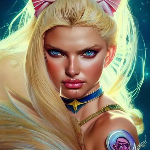 Image similar to Blonde Adriana Lima as Sailor Moon, western, D&D, fantasy, intricate, elegant, highly detailed, digital painting, artstation, concept art, matte, sharp focus, illustration, art by Artgerm and Greg Rutkowski and Alphonse Mucha