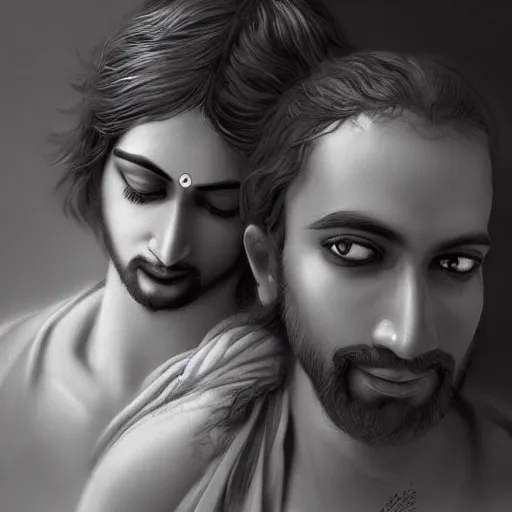 Prompt: Krishna and Jesus, digital art, artstation, award winning, realism, very detailed, masterpiece