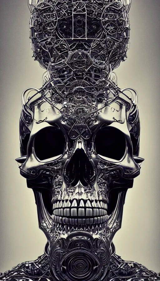 Image similar to portrait of a chrome skull. intricate abstract. intricate artwork. by Tooth Wu, wlop, beeple, dan mumford. octane render, trending on artstation, greg rutkowski very coherent symmetrical artwork. cinematic, hyper realism, high detail, octane render, 8k, depth of field, bokeh. dripping accents