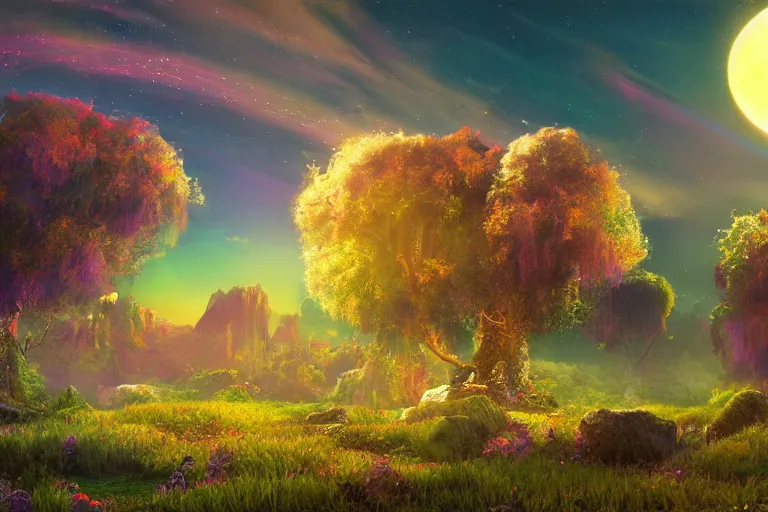 Prompt: Landscape of a beautiful enchanted fantasy world. Colorful. Planet in the sky. Cinematic lighting. Photorealism.