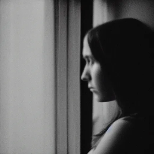 Image similar to black and white photograph portrait of a depressed woman standing by the window, natural light, lomo, film grain, soft vignette, sigma 85mm f/1.4 1/10 sec shutter