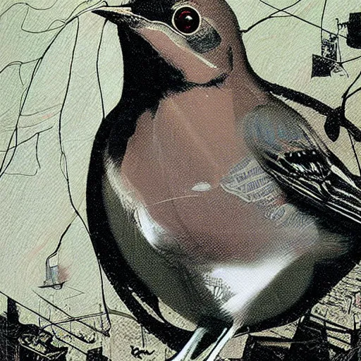 Image similar to a thrush bird wandering within the virtual realms of urban informatics and computational social science, artwork by dave mckean and ivan shishkin