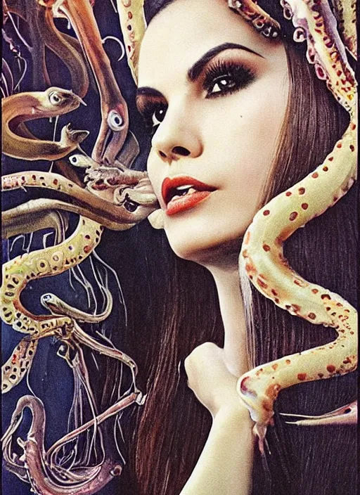 Prompt: 1971 film still from an Italian pulp film of Victoria Justice the Queen of cethlopods clothed completely in silk looking at you intensely with seductively serious eyes while being brainwashed by the Squid King. ultra detailed painting at 16K resolution and epic visuals. epically surreally beautiful image. amazing effect, image looks crazily crisp as far as it's visual fidelity goes, absolutely outstanding. vivid clarity. ultra. iridescent. mind-breaking. mega-beautiful pencil shadowing. beautiful face. Ultra High Definition. the artwork is labeled: ultra detailed painting at 16K resolution and epic visuals. epically surreally beautiful image. amazing effect, image looks crazily crisp as far as it's visual fidelity goes, absolutely outstanding. vivid clarity. ultra. iridescent. mind-breaking. mega-beautiful pencil shadowing. beautiful face. Ultra High Definition.. metallic painting.