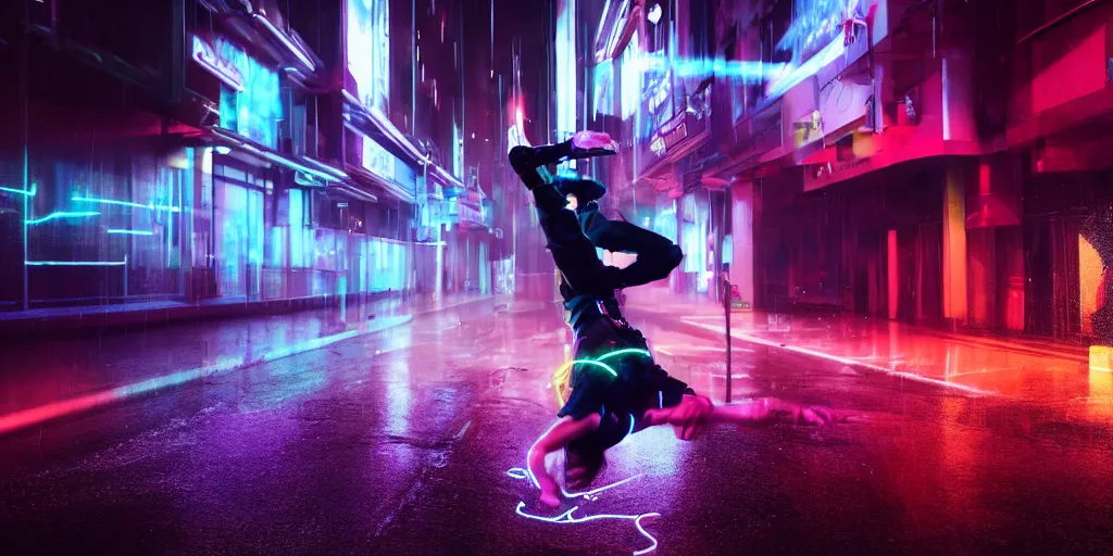 Prompt: slow motion film still of futuristic break dancer wearing dark suit with neon lights, long exposure shot , at night in the middle of a rainy street, rim lights, glossy reflections, octane render, detailed and soft, by laurie greasley