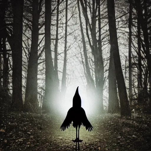 Image similar to werecreature consisting of a crow and a human, photograph captured in a dark forest