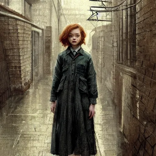 Prompt: sadie sink in oversized school uniform. waits on a bench | a bench along a wall. next to a door. in an office building. concept art for scifi dystopian film. by nikolay makovsky, bob byerley, wadim kashin, andrea kowch. cinematic moody atmosphere, detailed and intricate, perfect anatomy