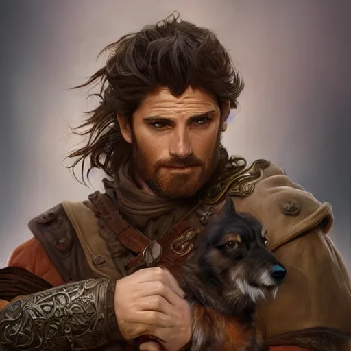 Image similar to portrait of a young, ruggedly handsome swordsman with a corgi head, soft hair, muscular, half body, leather, hairy, d & d, fantasy, intricate, elegant, highly detailed, digital painting, artstation, concept art, smooth, sharp focus, illustration, art by artgerm and greg rutkowski and alphonse mucha