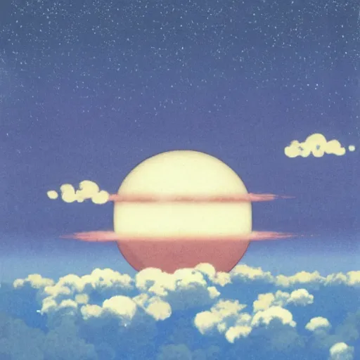 Image similar to atomic nucleus surrounded by clouds, energetic hope, studio ghibli