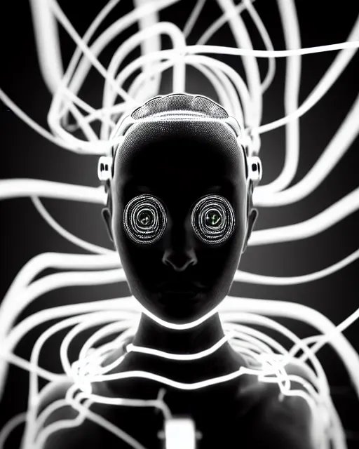 Image similar to black and white cyborg-plant goddess high quality photo, microchip, artificial intelligence, bio-mechanical bio-luminescence, black wired cables, neurons, nerve cells, octane render, cinematic, rim light, hyper realism, photo-realistic, high detail, 8k, masterpiece, high fashion, in the style of Steven Meisel and Dora Maar and H.G. Giger