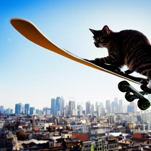 Image similar to cat flying over the city on a skateboard