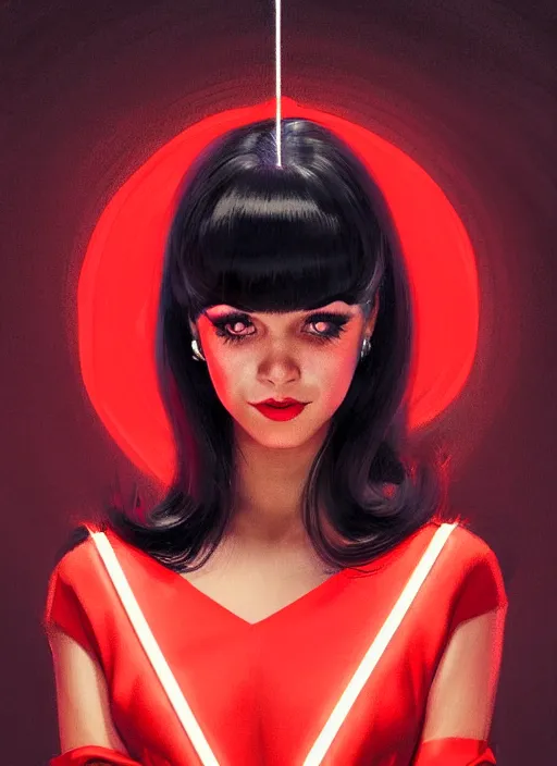 Image similar to portrait of veronica lodge with bangs, 1 9 6 0 s, long hair, red clothes, bangs, intricate, elegant, glowing lights, highly detailed, digital painting, artstation, concept art, smooth, sharp focus, illustration, art by wlop, mars ravelo and greg rutkowski