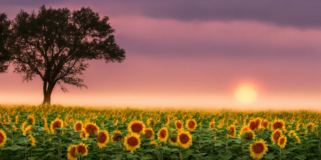 Prompt: nature photo of a misty landscape with some sunflowers, dawn, pink hues, distant trees, real photo, photographic, 5 0 mm