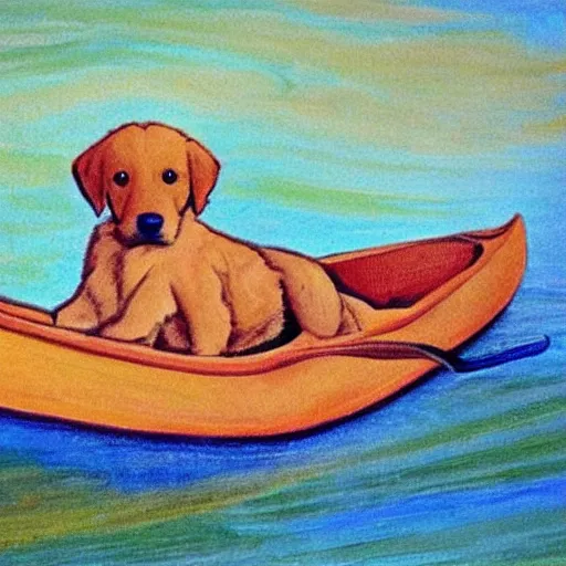 Prompt: golden retriever puppy canoeing, in the style of emily carr, group of seven,