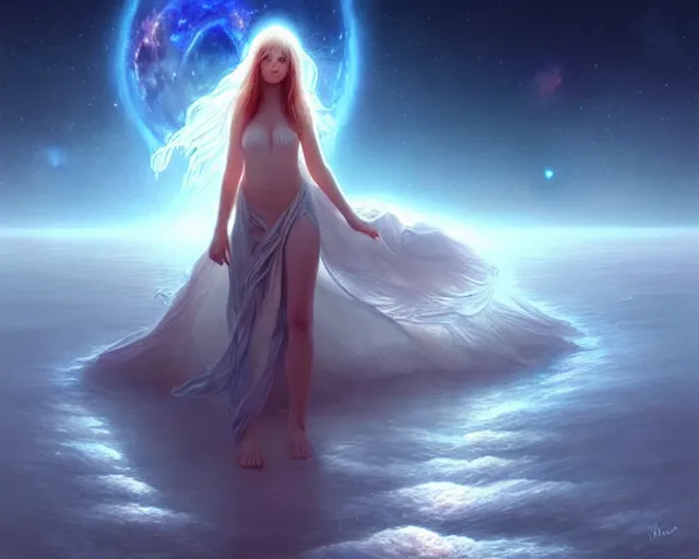 Prompt: a lone beautiful ethereal spirit floating & walking along the shimmering crystalline shores of eternity, universe and planets and stars in the sky, unusual surreal, gorgeous artwork by artgerm, rutkowski, wlop, detailed, dramatic lighting