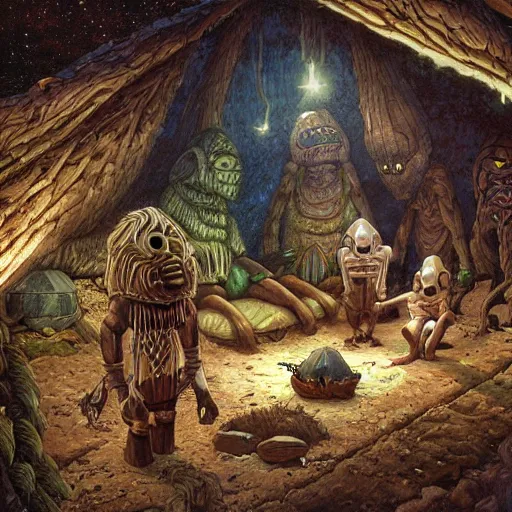 Image similar to primitive extraterrestrial villagers inside primitive hut, dramatic lighting, illustration, ron cobb, mike mignogna, science fiction, detailed painting, high detail, coherent, rough paper