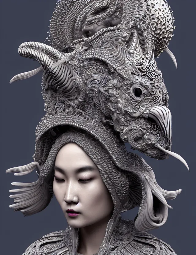 Image similar to 3 d goddess close - up profile portrait of cultist monk in hooded robe with ram skull. beautiful intricately detailed japanese crow kitsune mask and clasical japanese kimono. betta fish, jellyfish phoenix, bio luminescent, plasma, ice, water, wind, creature, artwork by tooth wu and wlop and beeple and greg rutkowski