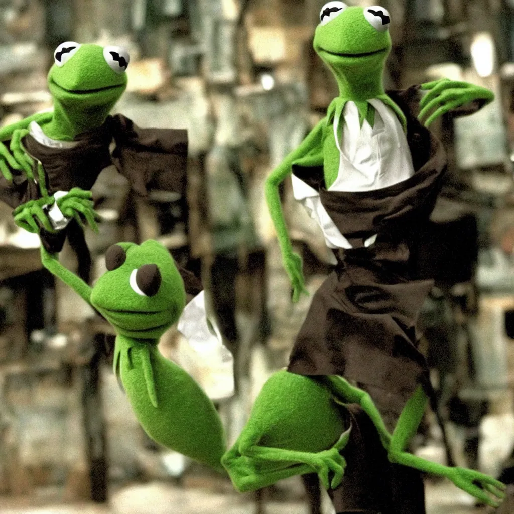 Prompt: kermit the frog as neo in the matrix ( 1 9 9 9 )
