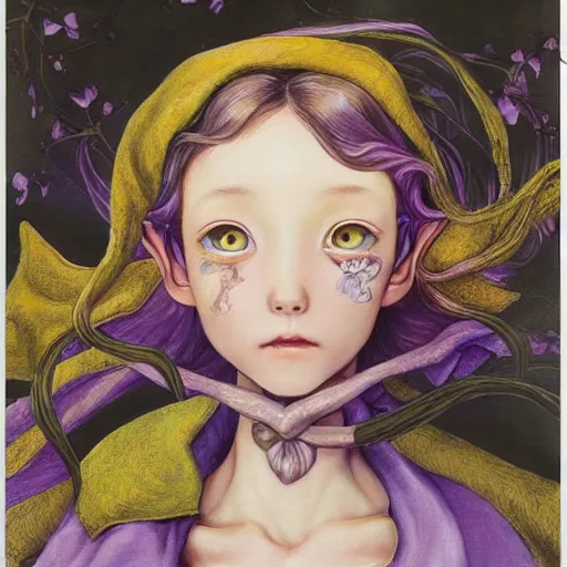 Image similar to little elf girl, santa claus suit, soft hair. light color palate, purple, yellow and white. detailed soft painting, ayami kojima, made in abyss, anatomically correct, inspired in balthus, high detailed face anime, vogue magazine, glorious composition