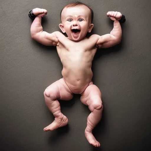Prompt: an extremely muscular baby flexing, highly vascular, intense expression, epic, high detail, high contrast