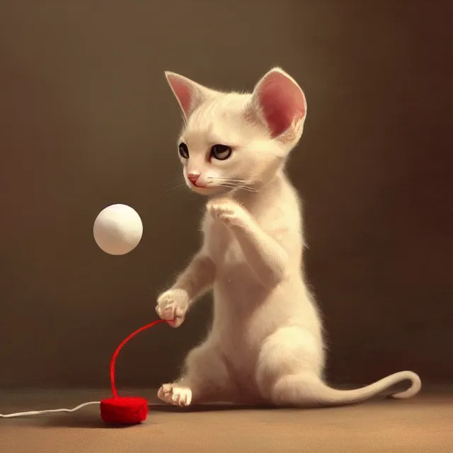 Image similar to a painting of a cute light beige kitten with dark brown ears and face and legs and tail and white paws playing with a red yarn ball. big eyes. character design by cory loftis, fenghua zhong, ryohei hase, ismail inceoglu and ruan jia. volumetric light, detailed, rendered in octane