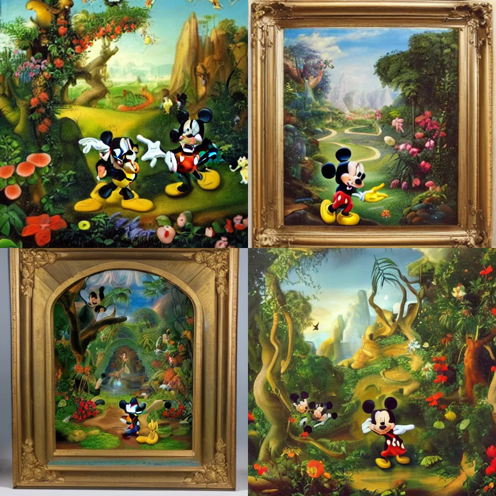 Prompt: mickey mouse entering the garden of eden, oil painting, masterpiece