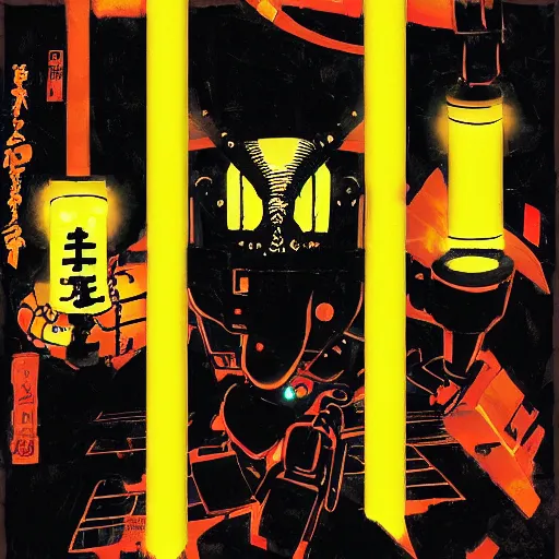 Image similar to the fullmetal wired neon friendly robot orion crosses the infinite series of tori gates between reality and simulation at fushimi inari taisha, hanafuda oil on canvas by dave mckean, ivan shishkin, james jean and yoji shinkawa