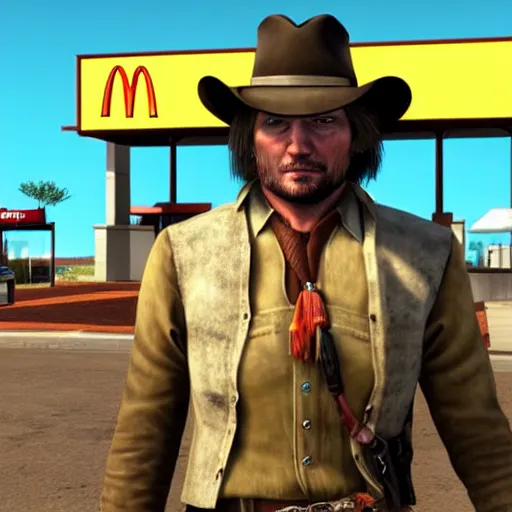 Prompt: John Marston at a McDonalds