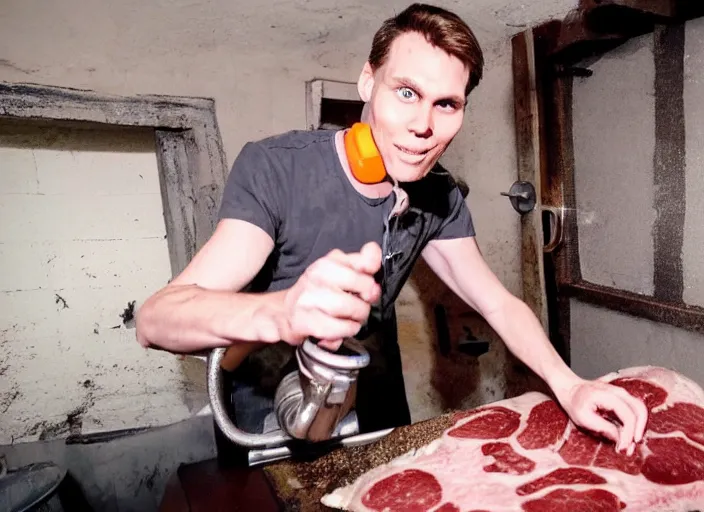 Image similar to Jerma putting a person in a meat grinder in a basement