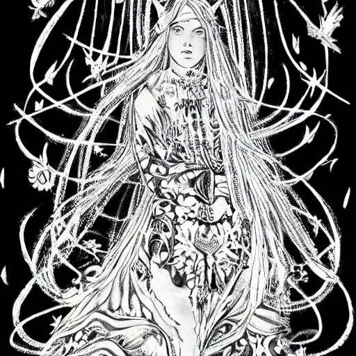 Prompt: black and white pen and ink!!!!!!! sorcerer beautiful attractive long hair Billie Eilish wearing High Royal flower print robes flaming!!!! final form flowing ritual royal!!! Contemplative stance Vagabond!!!!!!!! floating magic witch!!!! glides through a beautiful!!!!!!! Camellia!!!! Tsubaki!!! death-flower!!!! battlefield behind!!!! dramatic esoteric!!!!!! Long hair flowing dancing illustrated in high detail!!!!!!!! by Hiroya Oku!!!!!!!!! graphic novel published on 2049 award winning!!!! full body portrait!!!!! action exposition manga panel black and white Shonen Jump issue by David Lynch eraserhead and beautiful line art Hirohiko Araki!! Frank Miller, Kentaro Miura!, Jojo's Bizzare Adventure!!!! 3 sequential art golden ratio technical perspective panels horizontal per page