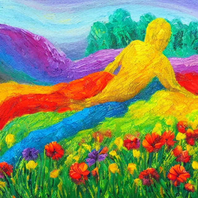 Prompt: rainbow person laying in a flower meadow, colorful oil painting