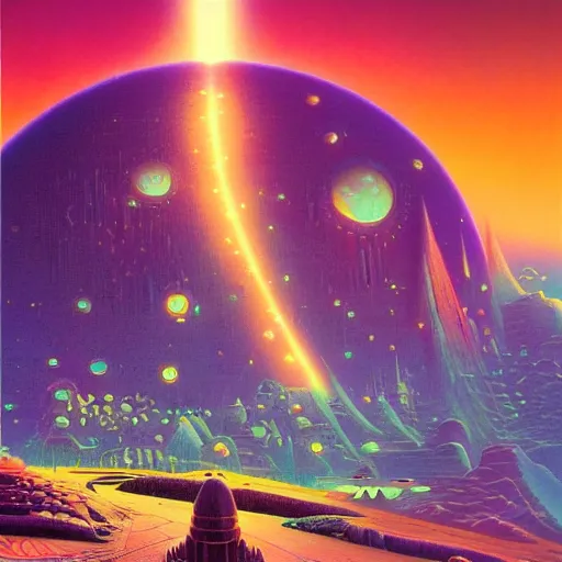 Prompt: a temple on a strange planet, by bruce pennington,, by kilian eng, by sam freio, by thomas rome, by victor mosquera, juxtapoz, behance, dayglo, prismatic