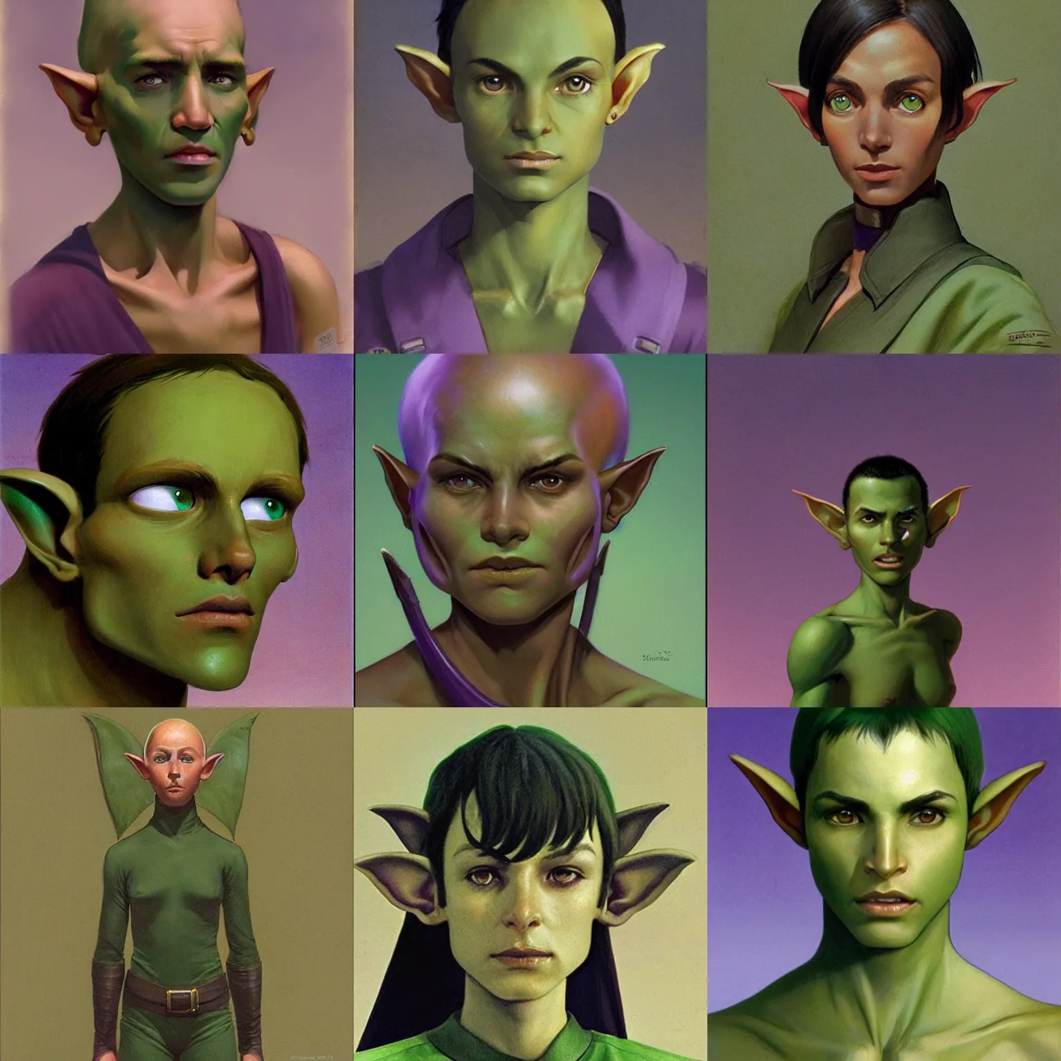Prompt: a character with an earthy green skin tone and horizontal elf ears, digital art, incredible detail, perfect facial proportions, perfect lighting, alternate history, dark hair, purple eyes, mundane, ordinary, a species from another world, concept art by ralph mcquarrie