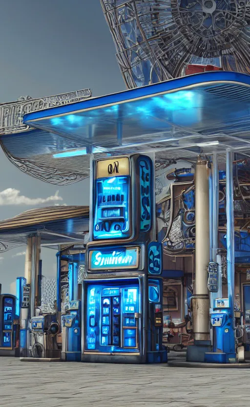 Image similar to steampunk gas station, 4 k, polished, photorealistic, hard edges, zoomed in, very coherent, sharp focus, rim light, exquisite lighting, blue gradient, hard edges, sci - fi, cinematic, octane render