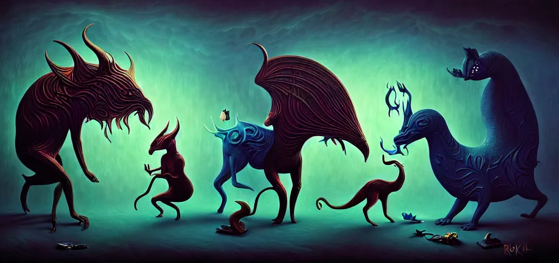 Image similar to strange mythical beasts of whimsy, surreal dark uncanny painting by ronny khalil