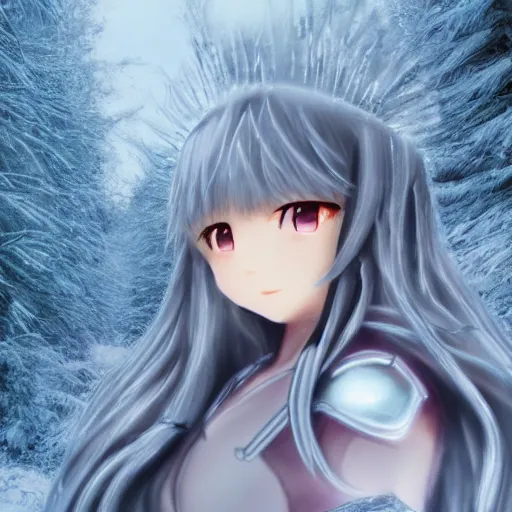 Image similar to portrait focus of beautiful 3 d anime girl as a saint seiya knight!! silver frozen ice armor wearing!! dark forest background snowing, bokeh, inspired by masami kurum