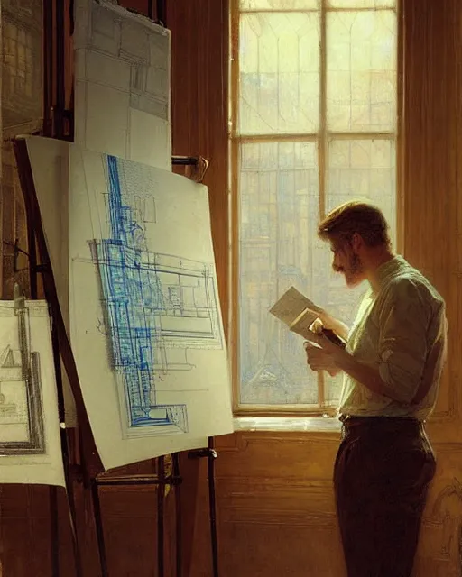 Image similar to very attractive male architect looks over blueprints of his latest work, melancholy, nostalgia, painting by gaston bussiere, craig mullins, j. c. leyendecker