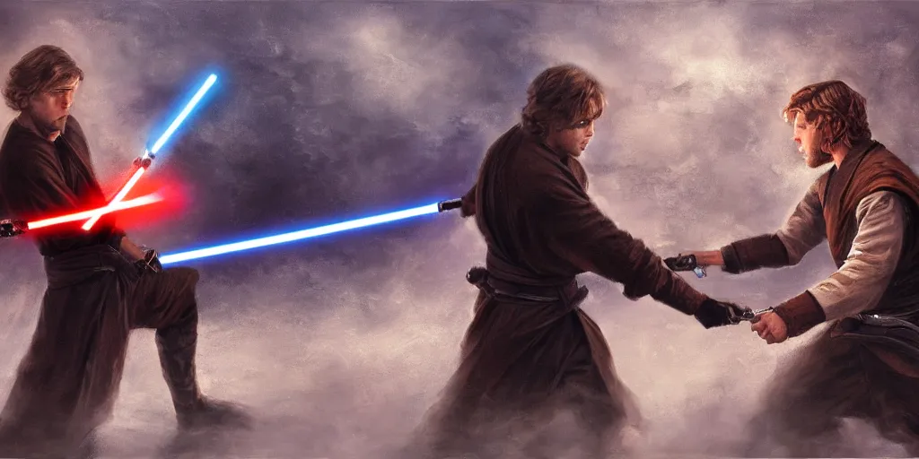 Image similar to painting of anakin skywalker and obi wan kenobi duel, mustafar, deviantart, canvas painting, detailed environment, painting, art, futuristic, dark, sharp focus, smooth, environment, star wars