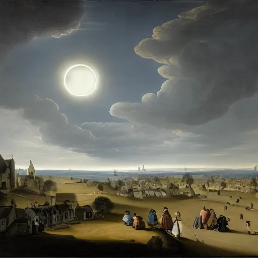 Image similar to dark solar eclipse, above a village, highly detailed, studio 4 k quality, by pieter claesz