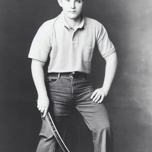 Image similar to preston hawkes wearing a blue collared polo shirt with blue jeans holding a protractor in one hand and a sword in the other hand, studio portrait