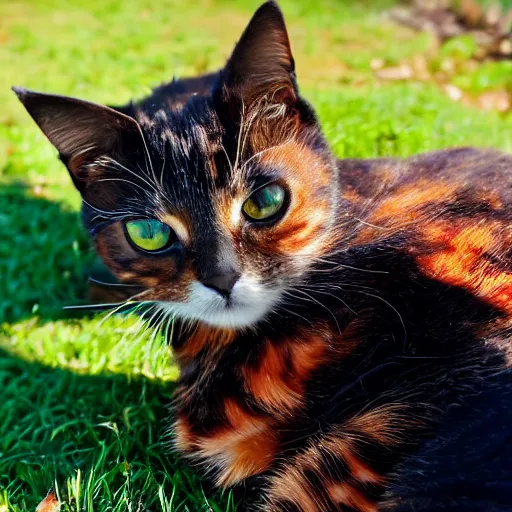 Prompt: tortoiseshell cat laying in the sun, radiant lighting