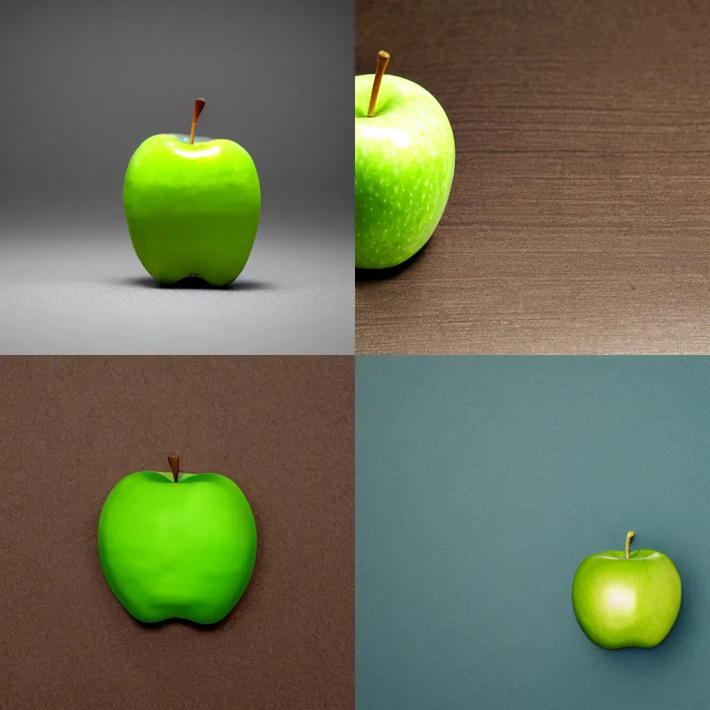 Prompt: studio shot of green apple shaped like block, isometric perspective, green background