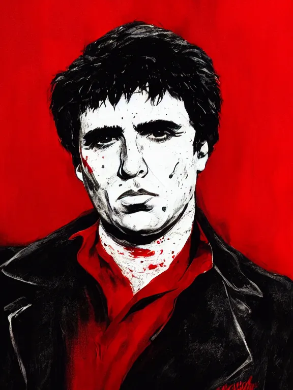 Image similar to headshot portrait. tony montana from movie scarface. perfect face, fine details., 4 k, red and black ink paint