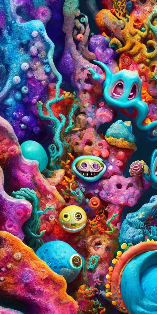 Image similar to of a colorful deep sea cave with strange cute friendly happy creatures with huge eyes, mouth, long tongue and round teeth appearing from sandy coral, in the style of gehry and gaudi, macro lens, shallow depth of field, ultra detailed, digital painting, trending artstation, concept art, illustration, cinematic lighting, photorealism, epic, octane render