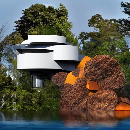 Prompt: a futuristic modern house, on a floating rock island, alien planet covered in water, multiple waterfalls, multiple moons glowing, stars, frank gehry