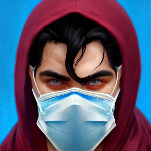 Image similar to ultra realistic illustration, man with black hair with a black medical mask, in blue hood, red and blue eyes, highly detailed, digital painting, artstation, concept art, smooth, sharp focus, illustration, art by artgerm and greg rutkowski and alphonse mucha