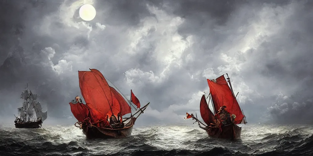 Prompt: the age of discovery, red moon over stormy ocean, huge clouds in the form of a gigantic octopus, the greatest adventurer standing on a 1 5 th century sampan boat holding a medieval compass, dappled silver lighting, epic, atmospheric, highly detailed, by igor morski, jacek yerka, alexander jansson, james christensen, tomek setowski, cinematic